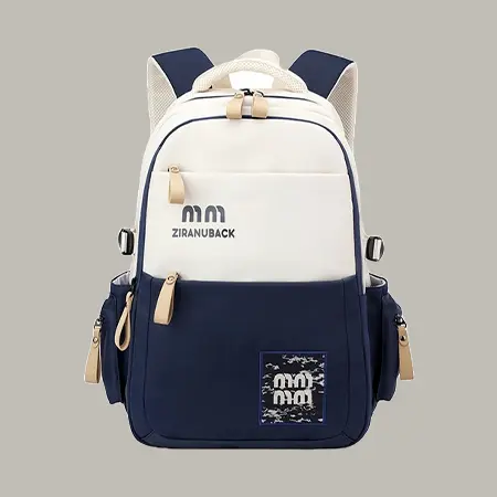 Ziranuback stylish navy blue and cream color school bag for boys and girls front view.
