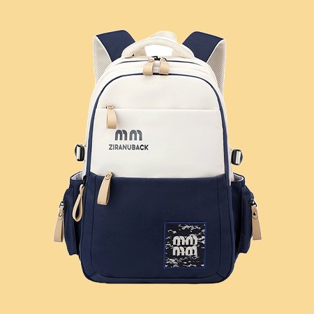 Ziranuback stylish navy blue and cream color school bag for boys and girls front view.